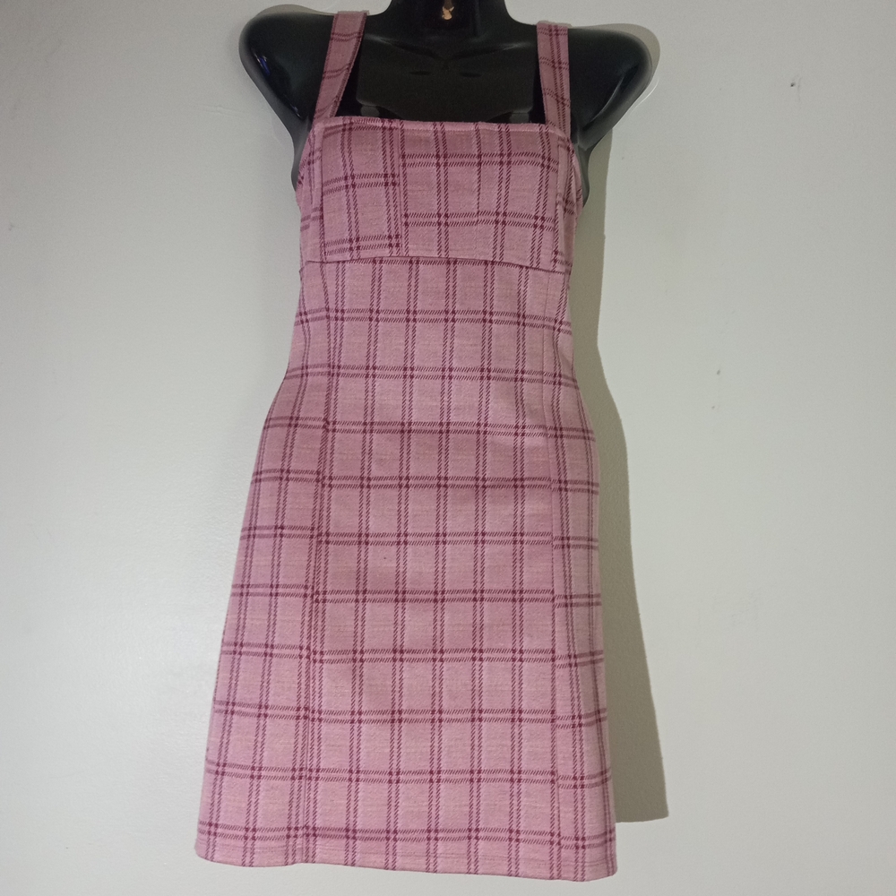 Pink Plaid Mini Dress with Square Neck